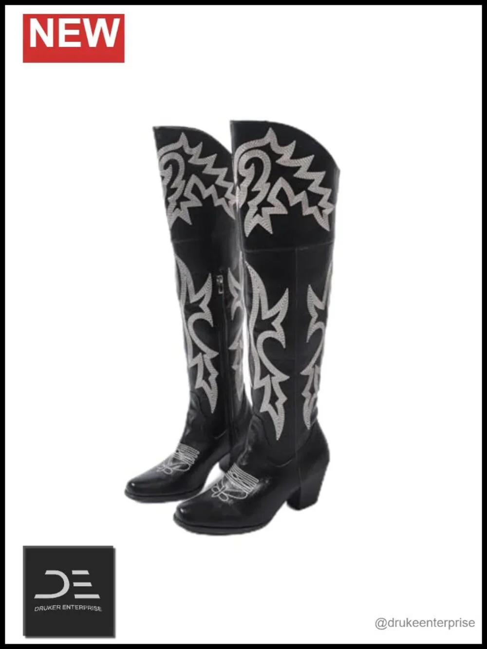 Over-the-Knee Western Cowboy Boots Square Toe PU Leather Embroidered